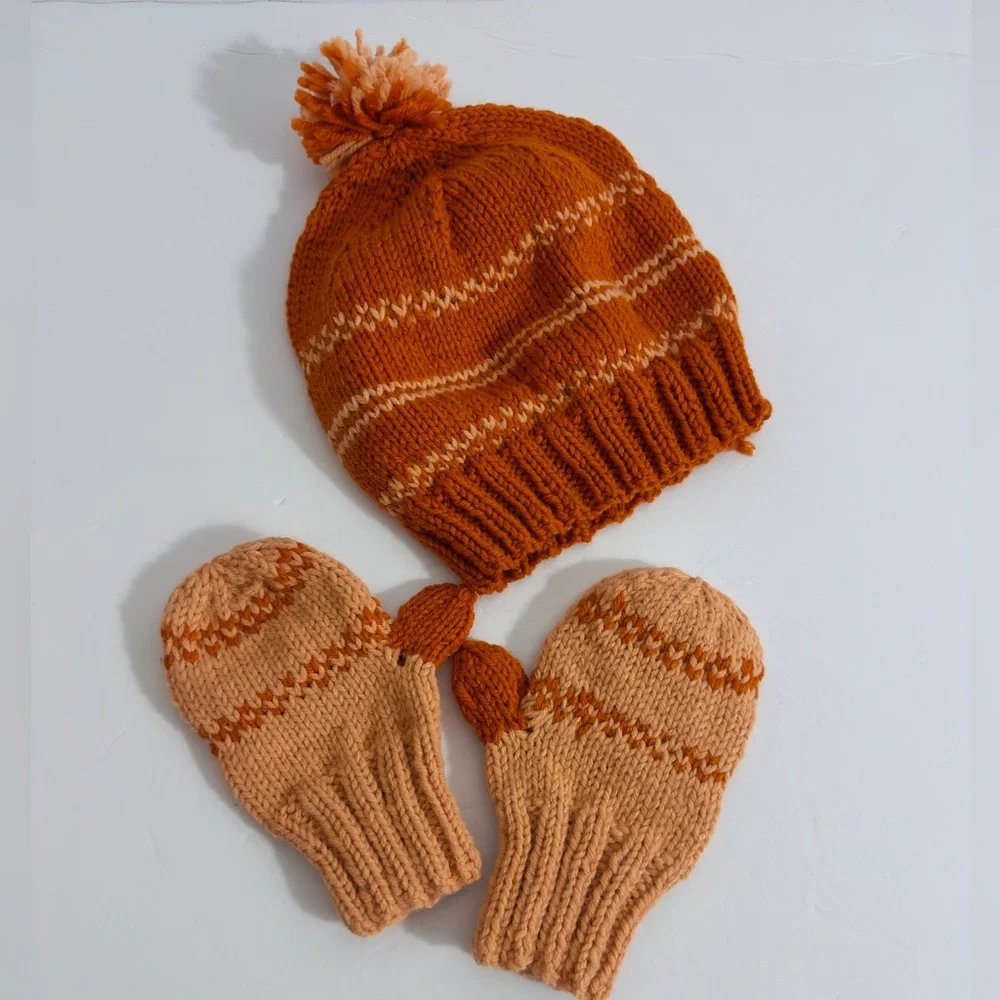 Cozy Orange Knit Hat and Mittens Set for Kids (G9)